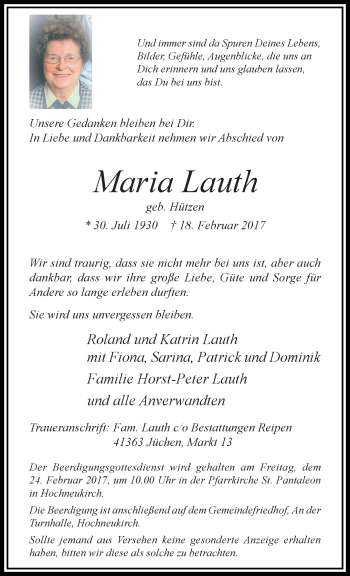 Traueranzeige von Maria Lauth von trauer.stadt-kurier.de