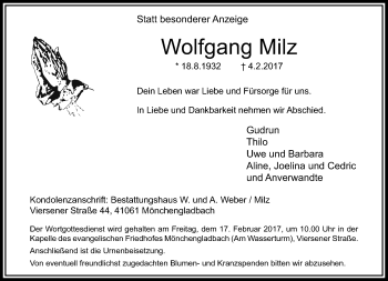Traueranzeige von Wolfgang Milz von trauer.extra-tipp-moenchengladbach.de
