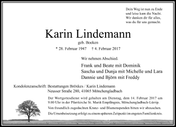 Traueranzeige von Karin Lindemann von trauer.extra-tipp-moenchengladbach.de