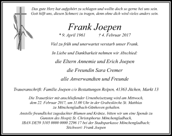 Traueranzeige von Frank Joepen von trauer.extra-tipp-moenchengladbach.de