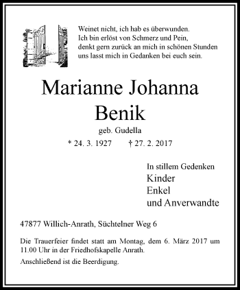 Traueranzeige von Marianne Johanna Benik von trauer.extra-tipp-moenchengladbach.de