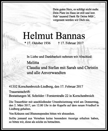 Traueranzeige von Helmut Bannas von trauer.extra-tipp-moenchengladbach.de
