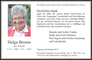 Traueranzeige von Helga Broens von trauer.extra-tipp-moenchengladbach.de