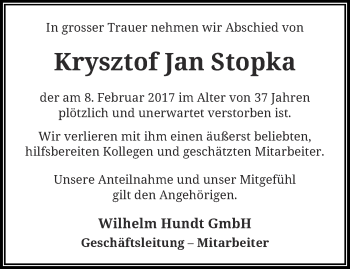 Traueranzeige von Krysztof Jan Stopka von trauer.wuppertaler-rundschau.de