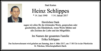 Traueranzeige von Heinz Schlippes von trauer.extra-tipp-moenchengladbach.de