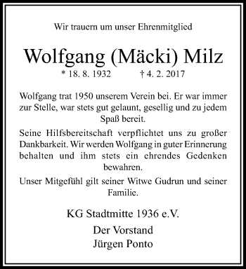 Traueranzeige von Wolfgang Mäcki Milz von trauer.extra-tipp-moenchengladbach.de