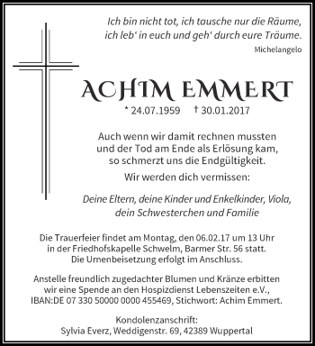 Traueranzeige von Achim Emmert von trauer.wuppertaler-rundschau.de