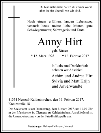 Traueranzeige von Anny Hirt von trauer.extra-tipp-moenchengladbach.de