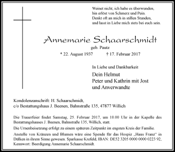 Traueranzeige von Annemarie Schaarschmidt von trauer.extra-tipp-moenchengladbach.de