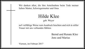 Traueranzeige von Hilde Klee von trauer.extra-tipp-moenchengladbach.de