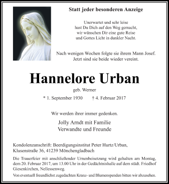 Traueranzeige von Hannelore Urban von trauer.extra-tipp-moenchengladbach.de