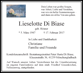 Traueranzeige von Lieselotte Di Biase von trauer.extra-tipp-moenchengladbach.de