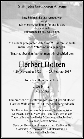 Traueranzeige von Herbert Bolten von trauer.extra-tipp-moenchengladbach.de