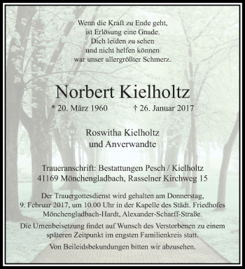 Traueranzeige von Norbert Kielholtz von trauer.extra-tipp-moenchengladbach.de