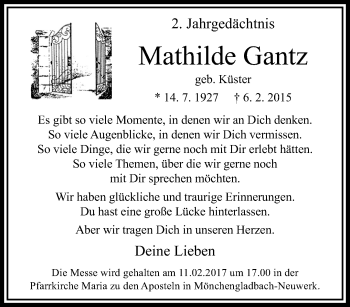 Traueranzeige von Mathilde Gantz von trauer.extra-tipp-moenchengladbach.de