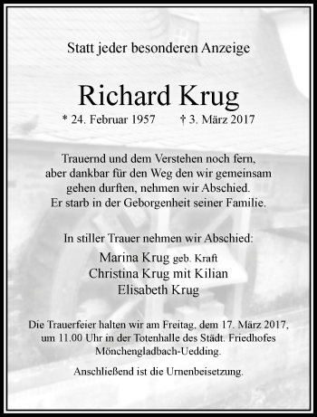 Traueranzeige von Richard Krug von trauer.extra-tipp-moenchengladbach.de