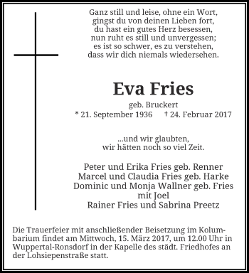 Traueranzeige von Eva Fries von trauer.wuppertaler-rundschau.de