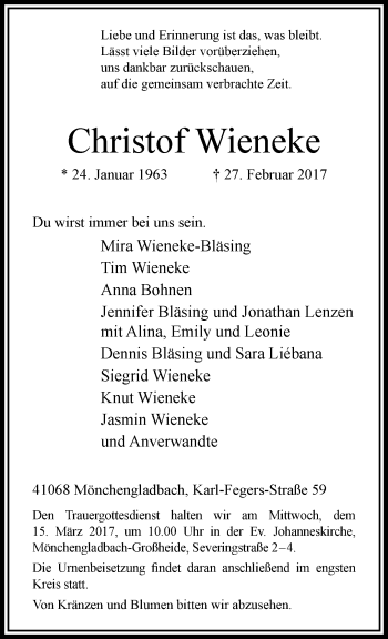 Traueranzeige von Christof Wieneke von trauer.extra-tipp-moenchengladbach.de