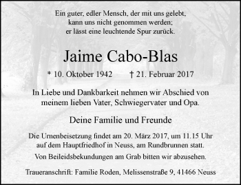 Traueranzeige von Jaime Cabo-Blas von trauer.stadt-kurier.de