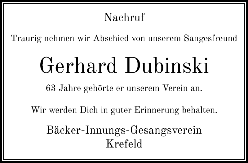  Traueranzeige für Gerhard Dubinski vom 26.03.2017 aus trauer.mein.krefeld.de
