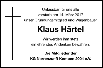 Traueranzeige von Klaus Härtel von trauer.mein.krefeld.de