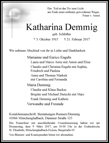 Traueranzeige von Katharina Demmig von trauer.extra-tipp-moenchengladbach.de