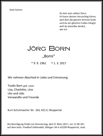 Traueranzeige von Jörg Born von trauer.wuppertaler-rundschau.de