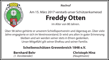 Traueranzeige von Freddy Otten von trauer.stadt-kurier.de