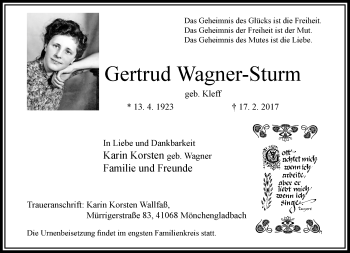 Traueranzeige von Gertrud Wagner-Sturm von trauer.extra-tipp-moenchengladbach.de