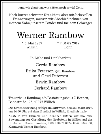 Traueranzeige von Werner Rambow von trauer.extra-tipp-moenchengladbach.de