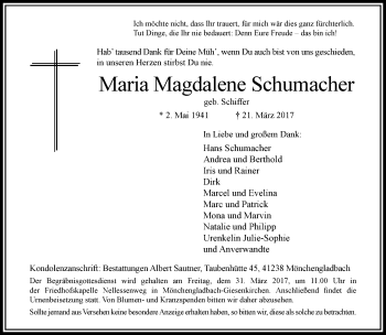 Traueranzeige von Maria Magdalene Schumacher von trauer.extra-tipp-moenchengladbach.de