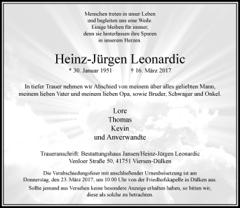 Traueranzeige von Heinz-Jürgen Leonardic von trauer.extra-tipp-moenchengladbach.de