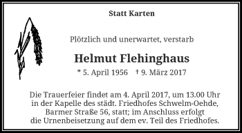 Traueranzeige von Helmut Flehinghaus von trauer.wuppertaler-rundschau.de