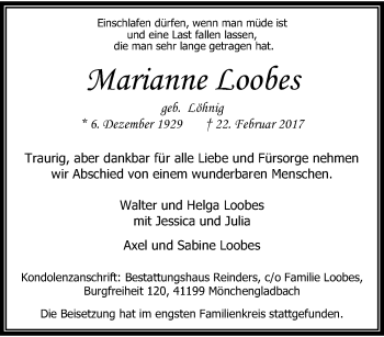 Traueranzeige von Marianne Loobes von trauer.extra-tipp-moenchengladbach.de