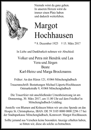 Traueranzeige von Margot Hochhausen von trauer.extra-tipp-moenchengladbach.de