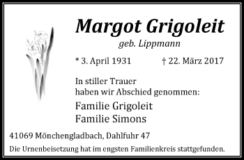 Traueranzeige von Margot Grigoleit von trauer.extra-tipp-moenchengladbach.de