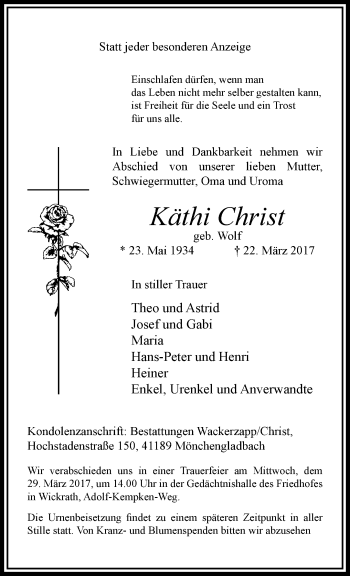 Traueranzeige von Käthi Christ von trauer.extra-tipp-moenchengladbach.de