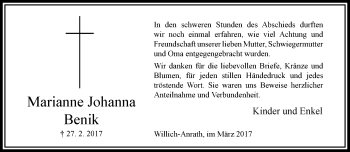 Traueranzeige von Marianne Johanna Benik von trauer.extra-tipp-moenchengladbach.de