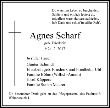 Traueranzeige von Agnes Scharf von trauer.extra-tipp-moenchengladbach.de