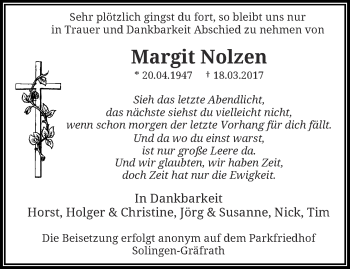 Traueranzeige von Margit Nolzen von trauer.wuppertaler-rundschau.de