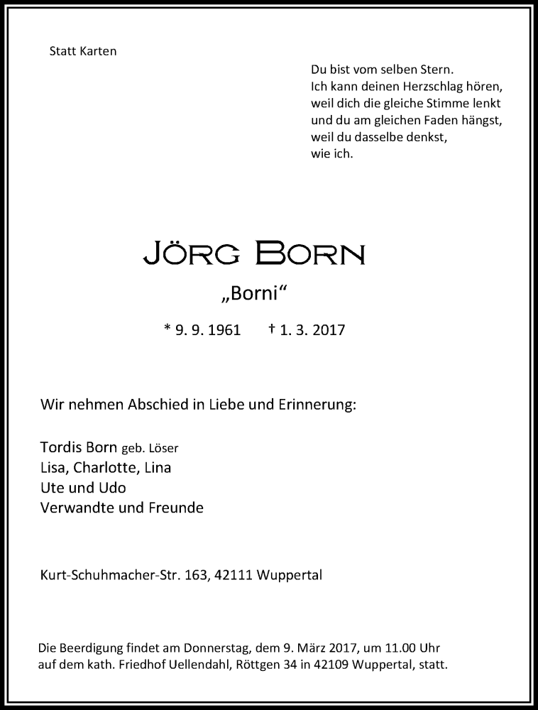  Traueranzeige für Jörg Born vom 08.03.2017 aus trauer.wuppertaler-rundschau.de