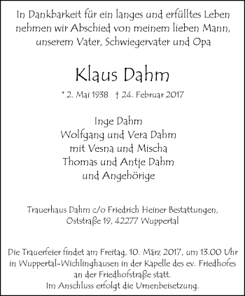 Traueranzeige von Klaus Dahm von trauer.wuppertaler-rundschau.de