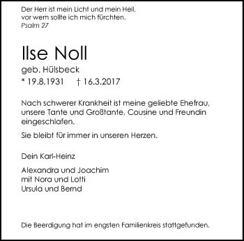 Traueranzeige von Ilse Noll von trauer.wuppertaler-rundschau.de