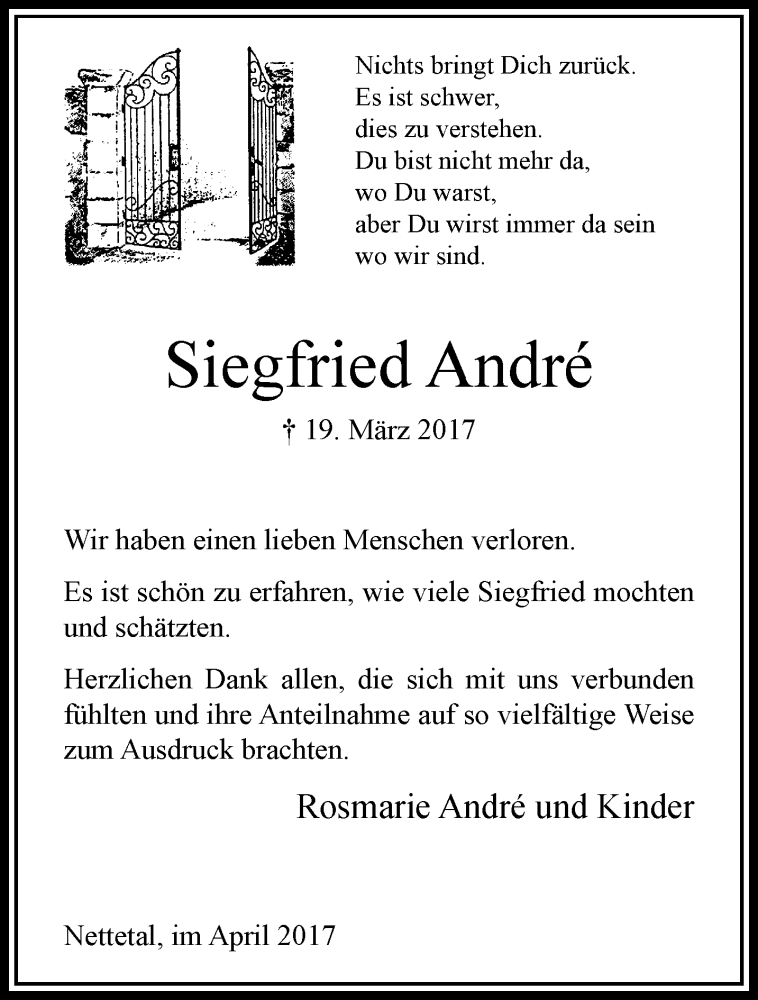  Traueranzeige für Siegfried Andre vom 30.04.2017 aus trauer.extra-tipp-moenchengladbach.de