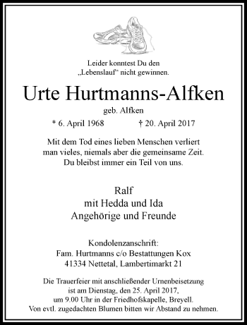 Traueranzeige von Urte Hurtmanns-Alfken von trauer.extra-tipp-moenchengladbach.de