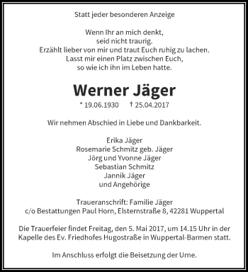 Traueranzeige von Werner Jäger von trauer.wuppertaler-rundschau.de