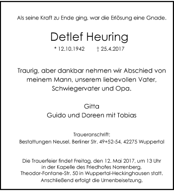 Traueranzeige von Detlef Heuring von trauer.wuppertaler-rundschau.de