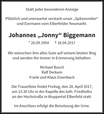 Traueranzeige von Johannes  Biggemann von trauer.wuppertaler-rundschau.de