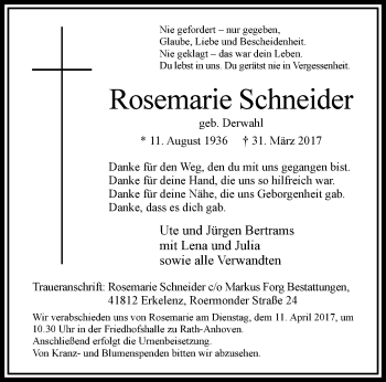 Traueranzeige von Rosemarie Schneider von trauer.extra-tipp-moenchengladbach.de