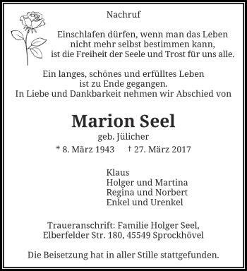 Traueranzeige von Marion Seel von trauer.wuppertaler-rundschau.de